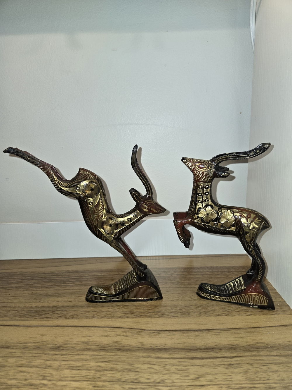 Pair Of Hand Engraved Black/Brown And Brass Gazelles Mid Century